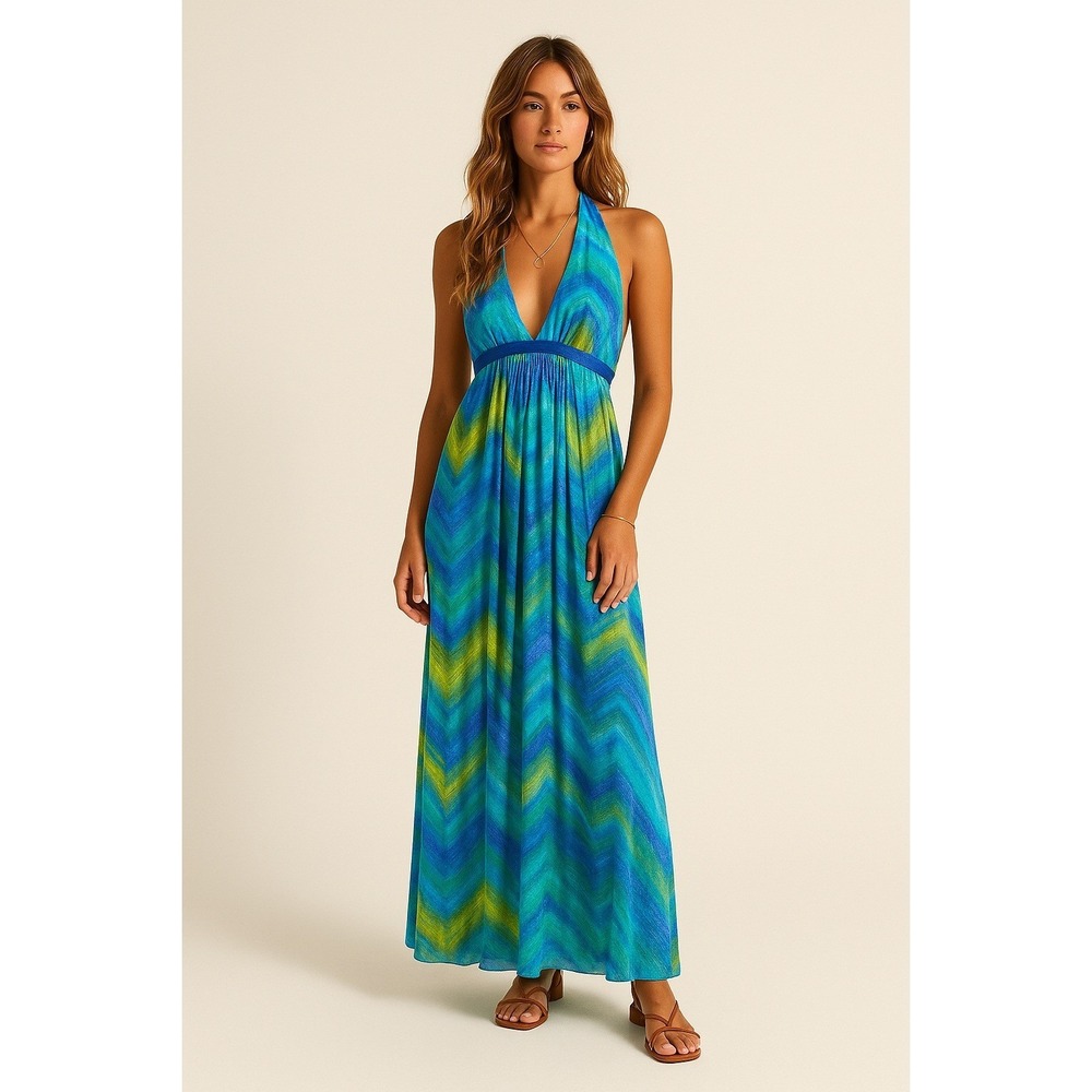 BCBGMaxazria Retro Disco Glam Dress Womens 8 Blue Green Gold Metallic Silk